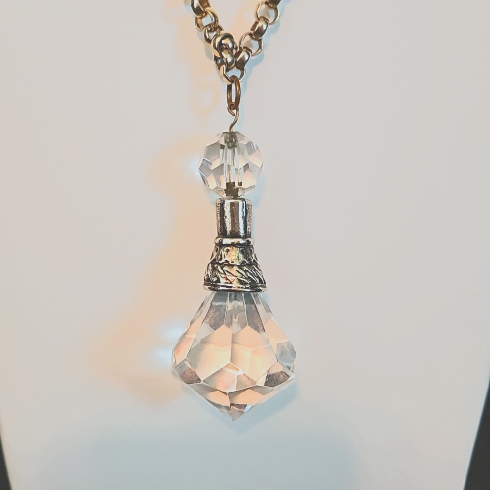 Gold Tone Necklace with Clear Faux Crystal Pendant